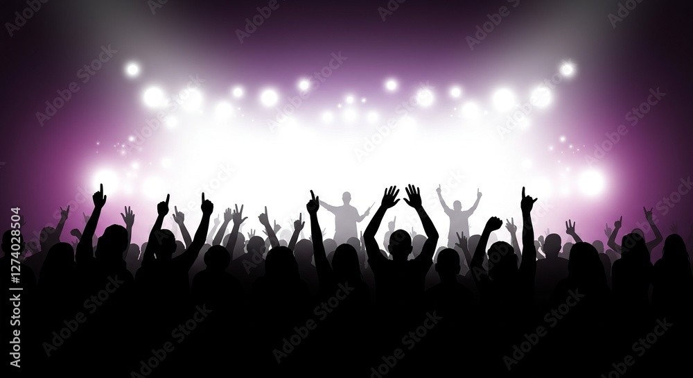 Fototapeta premium Excited Concert Crowd Silhouette: Energetic Audience Cheering with Raised Hands at a Live Music Event.