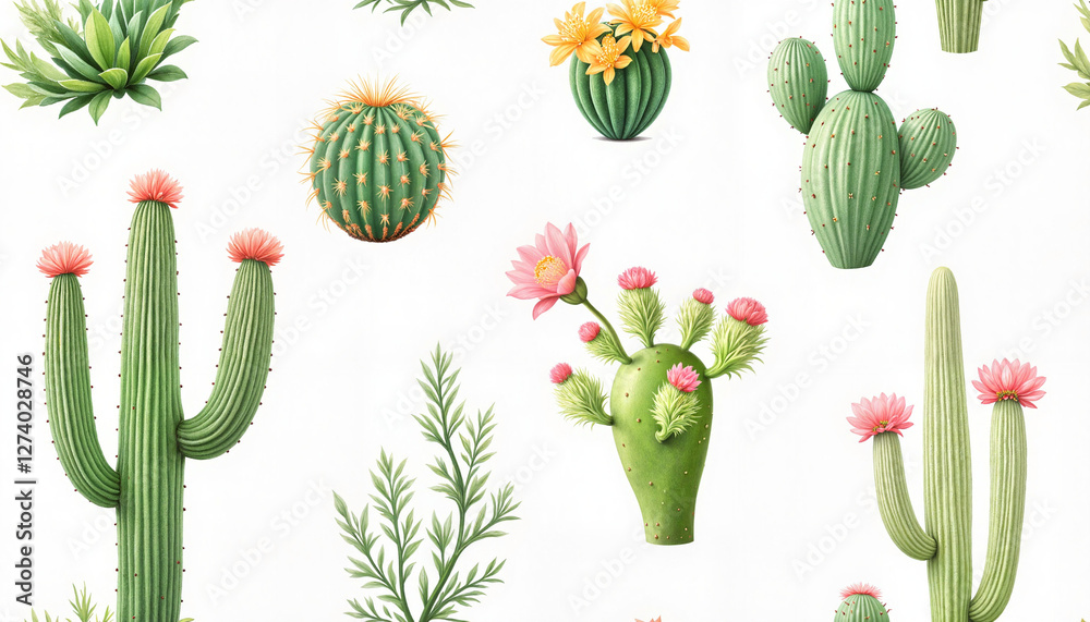 Vibrant cactus flowers pattern on white backdrop, desert beauty