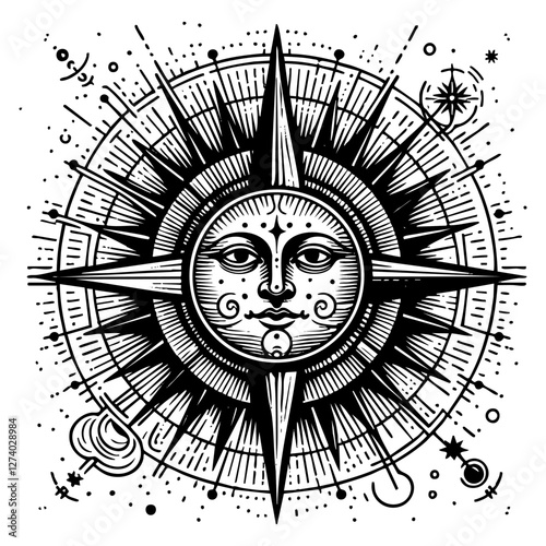 Sun symbol sketch  engraving black and white outline. Scratch board imitation.  illustrated in vintage line art style on a white background.
