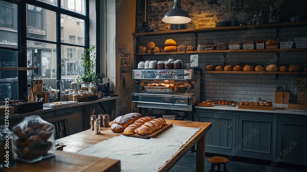Bakery interior with fresh bread and warm ambiance in the heart of the city Bakery interior with fresh bread and warm ambiance in the heart of the city