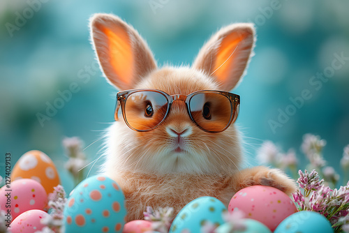 A cool Easter bunny wearing stylish sunglasses, surrounded by colorful Easter eggs against a pastel blue background. A fun and festive image symbolizing Easter celebrations, springtime