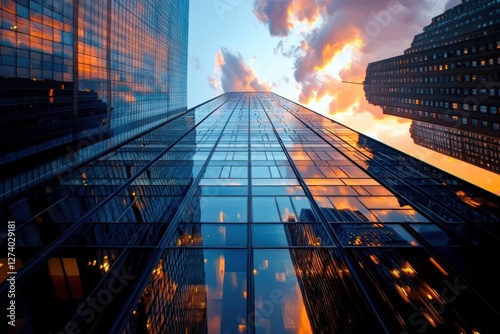 Wallpaper Mural Skyscrapers Reflect Golden Sunset, Cityscape Views with Urban Architecture and Modern Design. Torontodigital.ca