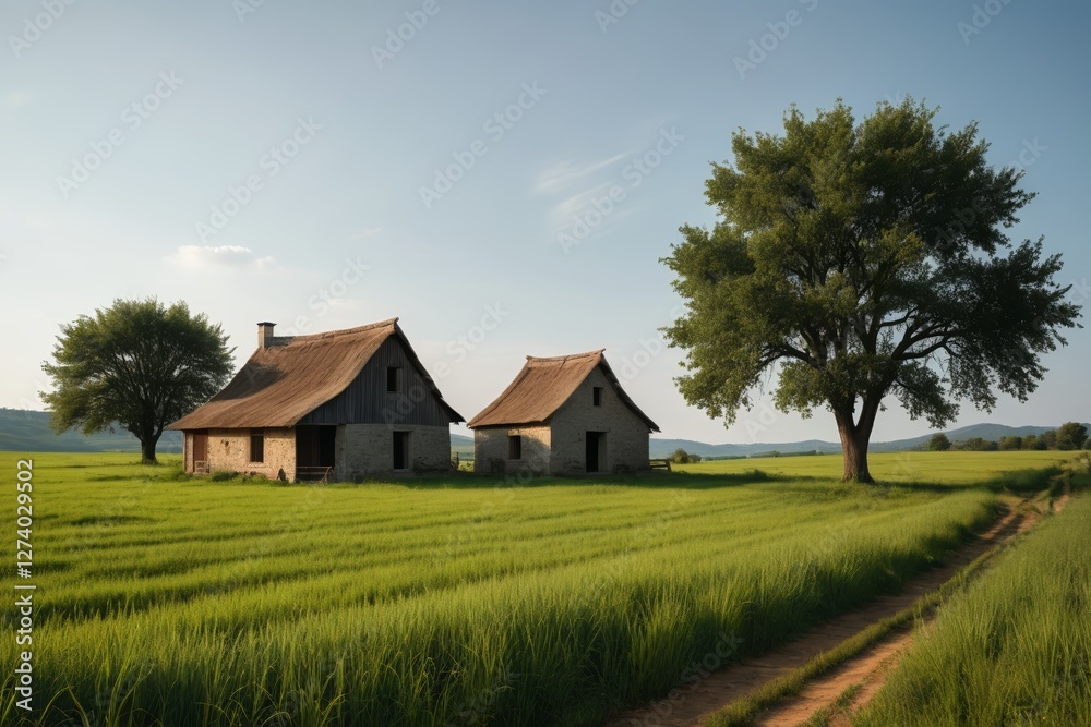 there are two old houses in a field with a dirt path there are two old houses in a field with a dirt path