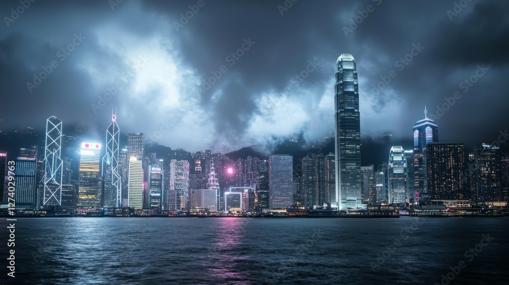 Fototapeta premium Stunning Night View of Hong Kong Skyline with Dramatic Clouds
