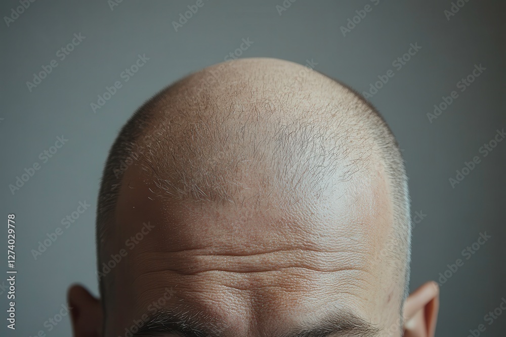 Fototapeta premium Hair Care Advertisement Featuring a Bald Man's Head Captured From a Top Angle on a Bright Background. Generative AI