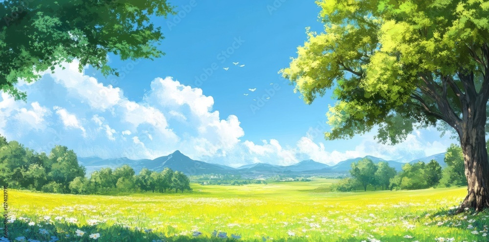 Fototapeta premium Beautiful Meadow Stretches beneath the Majestic Mountain with Lush Green Trees, Wildflowers, and Clear Blue Sky. Scenic Landscape.