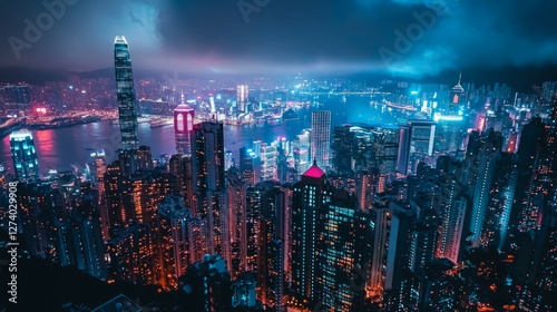 Stunning Nightscape of Hong Kong's Skyline with Bright Lights