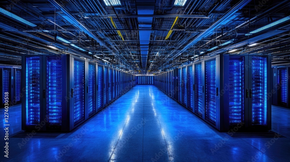 Fototapeta premium A futuristic data center with glowing blue server racks and extensive cabling, symbolizing cloud computing and cybersecurity. Ideal for technology and digital infrastructure concepts