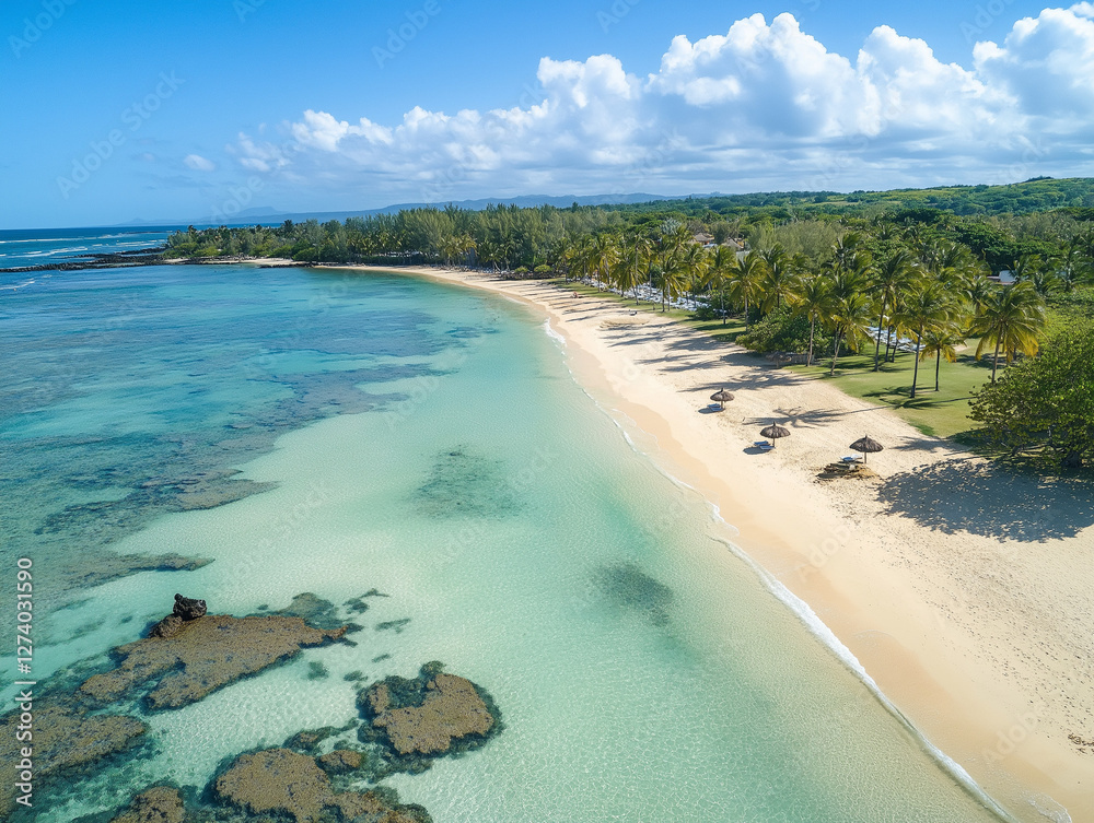 Fototapeta premium Pristine Tropical Beach with Crystal-Clear Waters and Vibrant Coral Reef