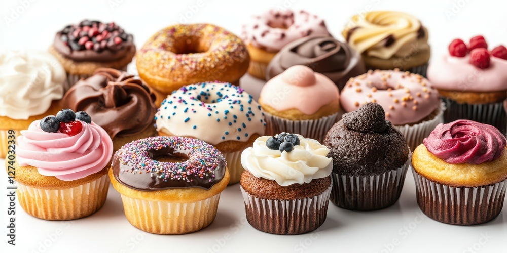 Delicious array of assorted cupcakes and donuts showcased on a simple background Delicious array of assorted cupcakes and donuts showcased on a simple background