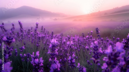 A serene lavender field at sunrise, showcasing vibrant purple flowers against a misty landscape.