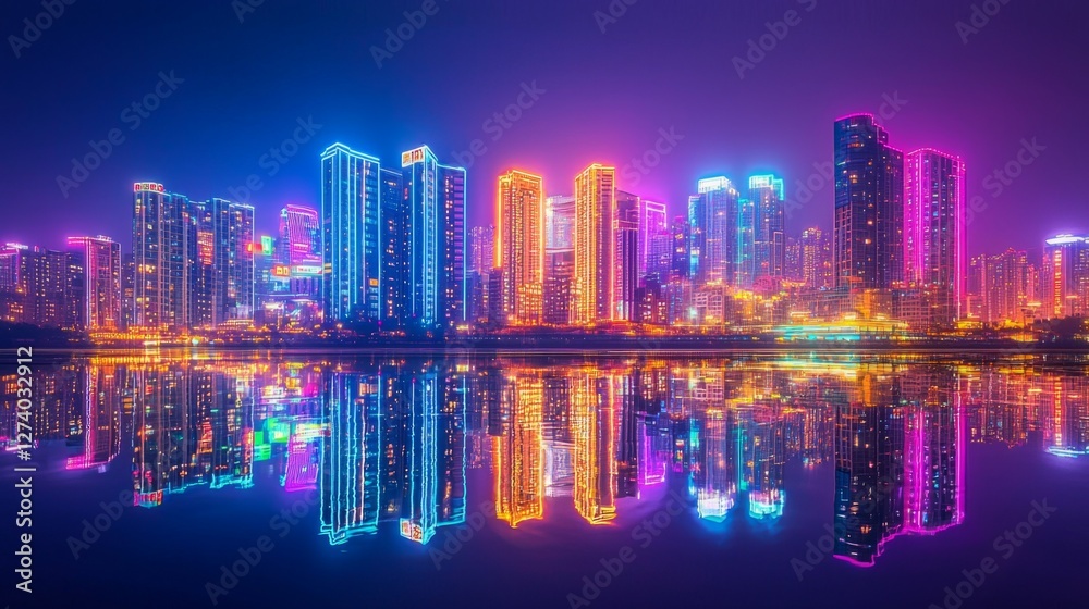 Fototapeta premium Vibrant City Skyline at Night with Colorful Neon Lights Reflection
