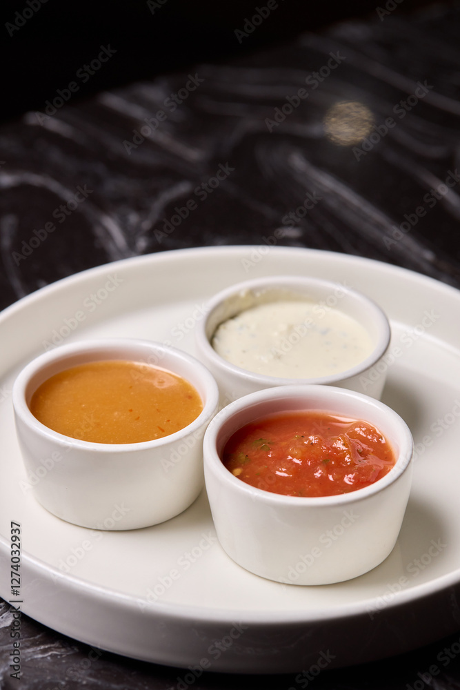 A decorative plate holds three enticing dipping sauces, each unique in flavor and color A decorative plate holds three enticing dipping sauces, each unique in flavor and color