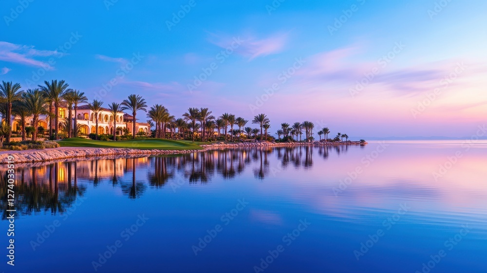 Serene Dusk at Luxurious Golf Resort with Palm Trees Overlooking Calm Lake Serene Dusk at Luxurious Golf Resort with Palm Trees Overlooking Calm Lake