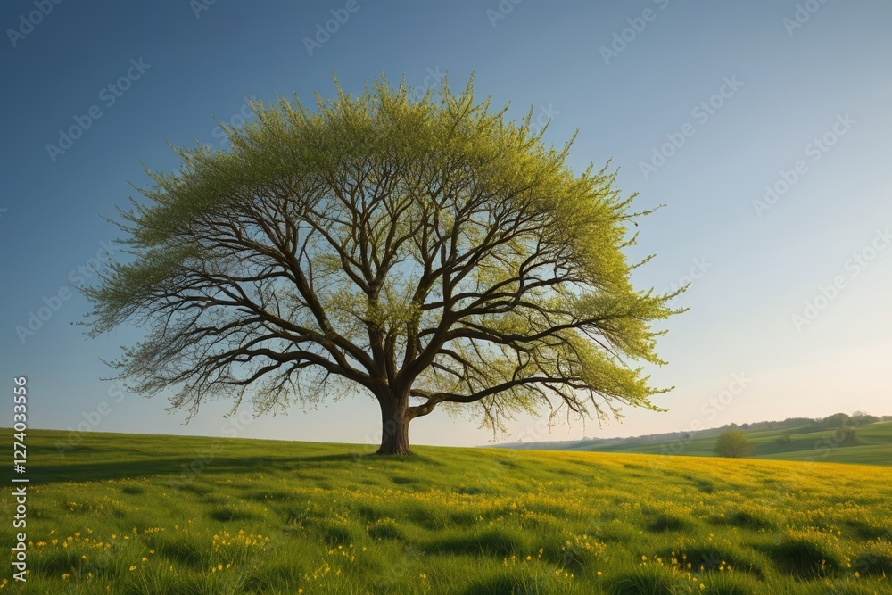 Fototapeta premium there is a lone tree in a field of green grass
