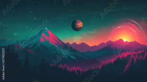 Abstract cosmic night vector scene, dark green and blue jagged mountains, soft pink glowing trees, a massive planet hanging in the night sky