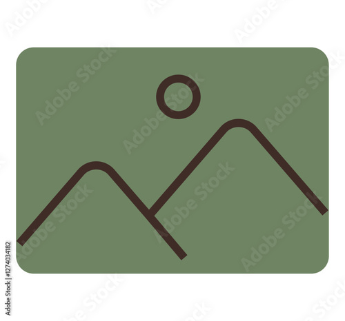 Stylized depiction of two geometric mountain peaks with a circular sun above. Ideal for nature, travel, outdoor activities, adventure, minimalism, graphic design, and landscape themes. Flat color