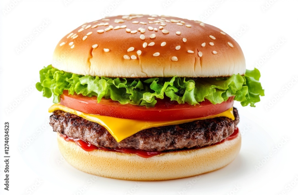 Cheeseburger studio shot, white background, food advertising Cheeseburger studio shot, white background, food advertising