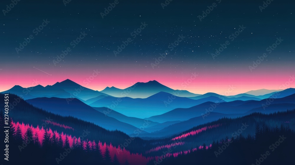 Minimalist digital artwork of a night scene, deep blue-green mountains stacked in the background, delicate pink trees in small clusters, a rich navy-blue sky with tiny star details, flat vector style Minimalist digital artwork of a night scene, deep blue-green mountains stacked in the background, delicate pink trees in small clusters, a rich navy-blue sky with tiny star details, flat vector style