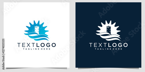 building with Beach or coast logo in simple sun and ocean shape