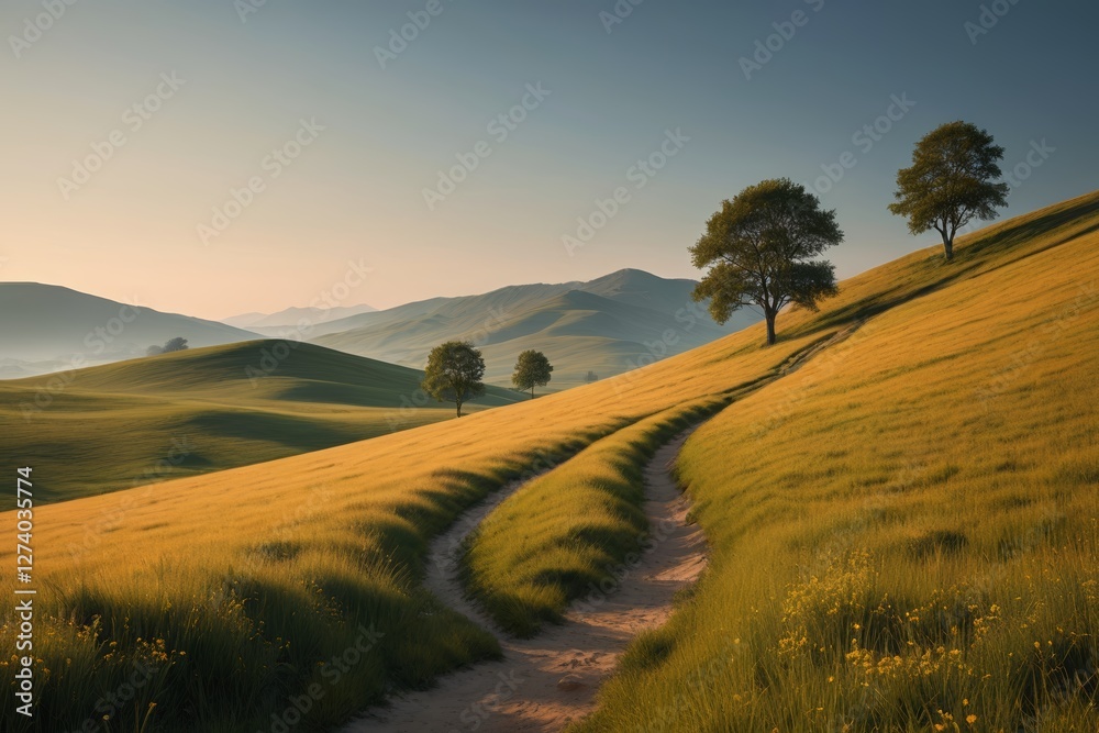 Obraz premium grassy hill with a dirt path leading to two trees