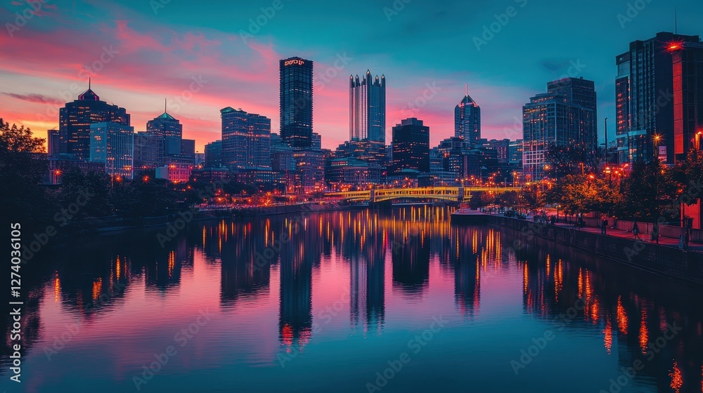 Fototapeta premium Beautiful sunset over a peaceful river in Zurich, showcasing historic buildings and vibrant colors