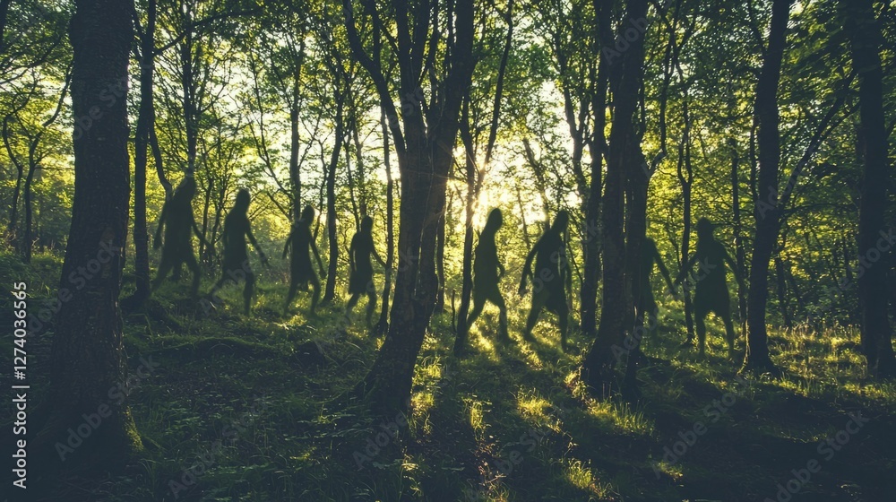 Obraz premium Shadows of Figures Walking Through a Lush Green Forest at Sunrise