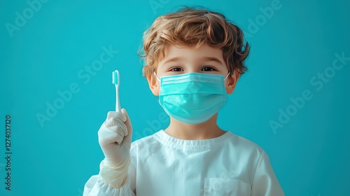 A happy boy dressed as a dentist, holding a toothbrush and wearing a face mask, clean background