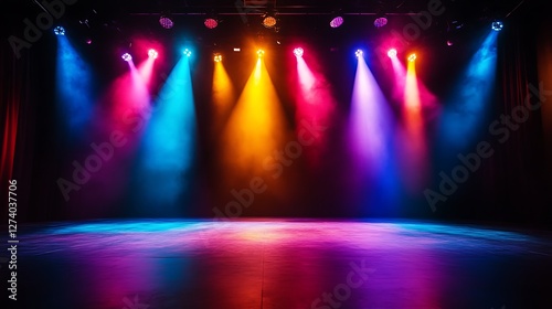 Colorful stage lights, empty theater