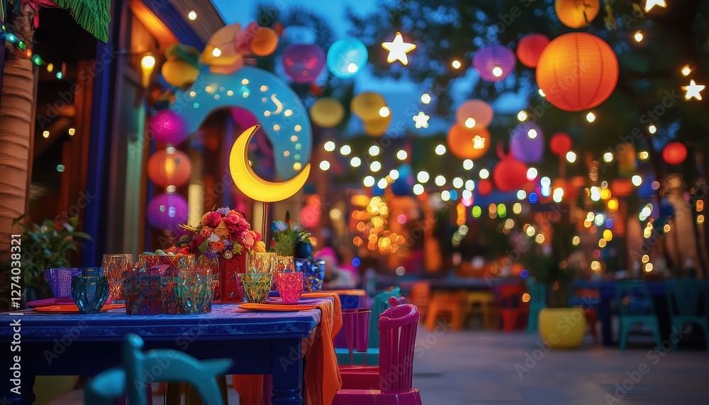 Obraz premium Colorful Nighttime Festive Street Scene with Illuminated Lanterns and Tables