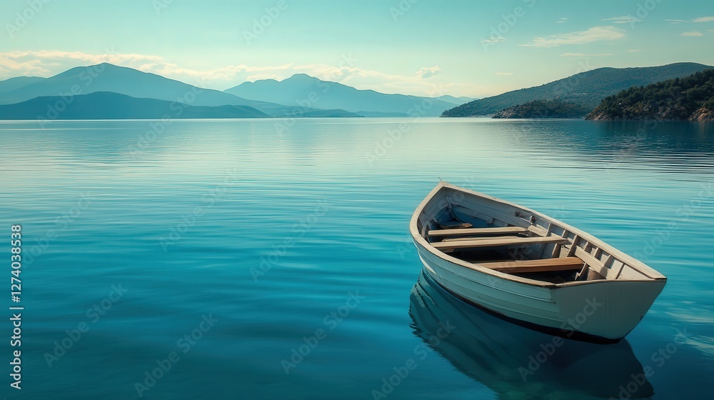 Naklejka premium a fishing boat resting on the tranquil blue sea, surrounded by mountains, offering a perfect view of natures untouched beauty.