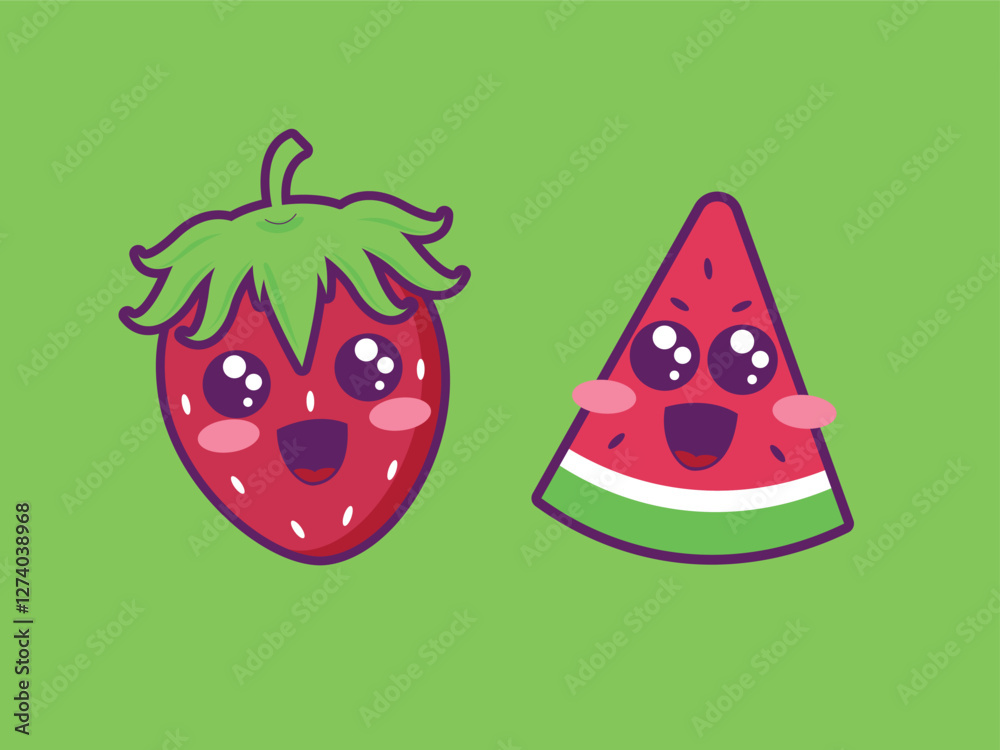 Obraz premium cute cartoon strawberry and watermelon