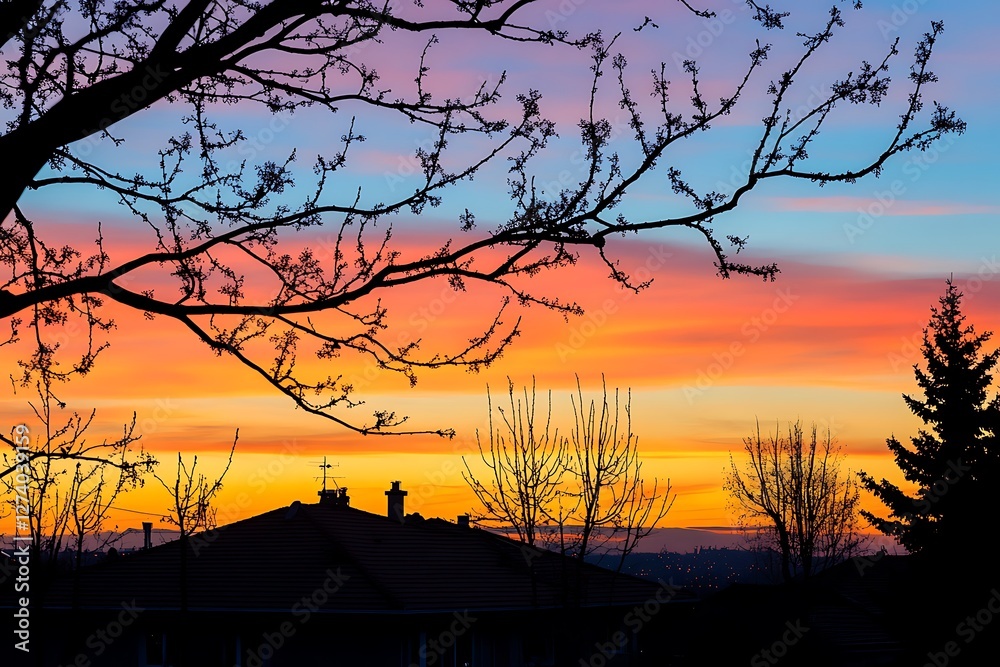 Naklejka premium Colorful sunset over houses