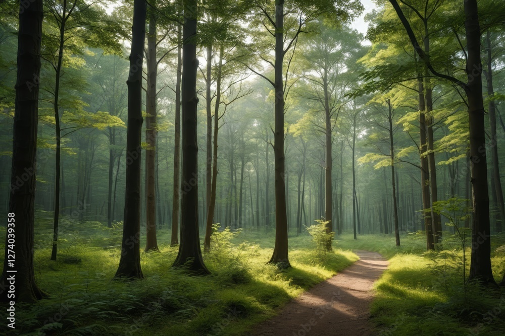 Obraz premium arafed path in a forest with tall trees and green grass