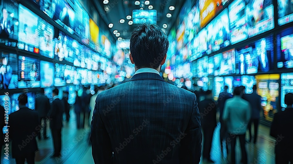Naklejka premium Exploring the Digital Landscape: A Man in Front of Multiple Screens in a Busy Environment