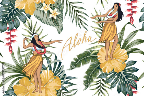 Hawaiian girls, yellow hibiscus flower, tropical palm leaves seamless pattern. Jungle wallpaper.
