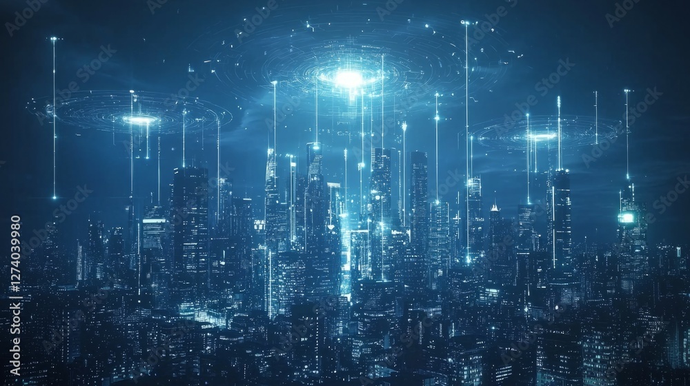 Fototapeta premium Futuristic Cityscape with Holographic Technology and Digital Effects