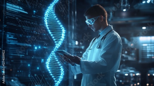 A doctor analyzing a glowing DNA helix on a tablet in a futuristic lab,