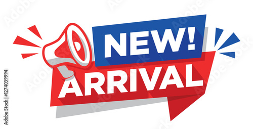 New arrival product tag on red and blue ribbon with megaphone. Advertising vector sticker on transparent background