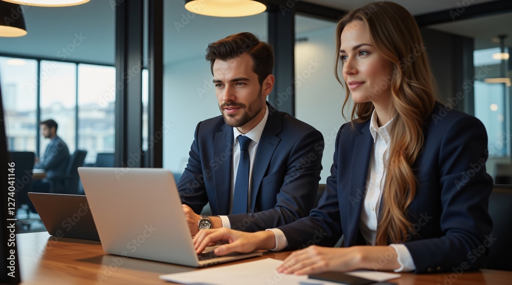 Focused business colleagues collaborate on a laptop, strategizing and working together in a modern office setting. Focused business colleagues collaborate on a laptop, strategizing and working together in a modern office setting.
