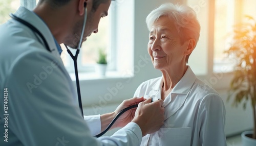 Wallpaper Mural Doctor attentively listens to elderly woman's heartbeat; a scene of compassionate care and medical examination. Torontodigital.ca