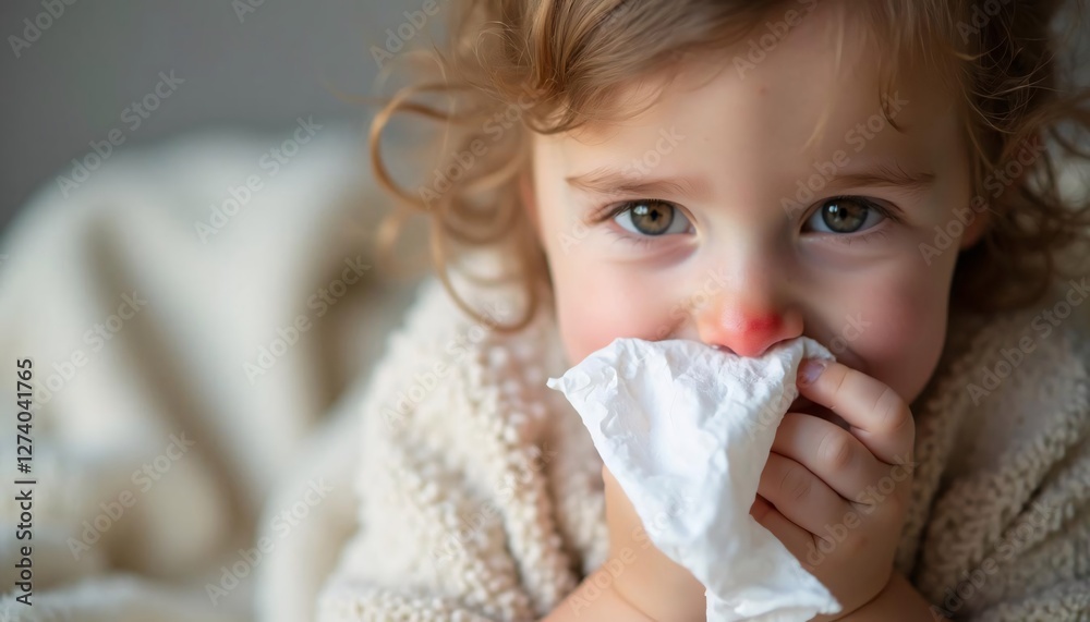 Little girl gently blowing her nose, red nose visible, wrapped in a cozy beige blanket. Sweet, tender moment. Little girl gently blowing her nose, red nose visible, wrapped in a cozy beige blanket. Sweet, tender moment.