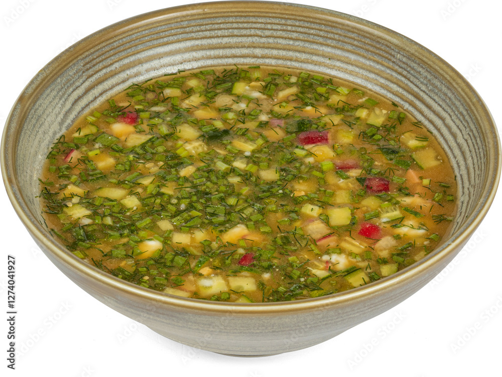 A bowl of delicious soup with vegetables on a white background A bowl of delicious soup with vegetables on a white background