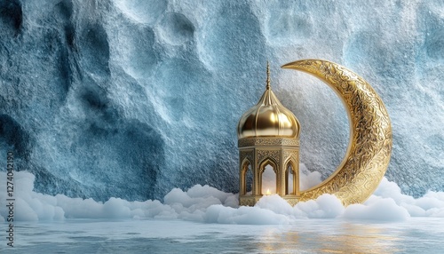 Golden Crescent Moon and Lantern on Snowy Blue Background