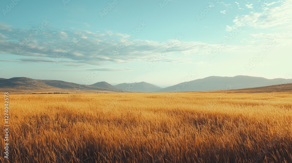 Golden Wheat Field Under Clear Blue Sky with Distant Mountains Golden Wheat Field Under Clear Blue Sky with Distant Mountains