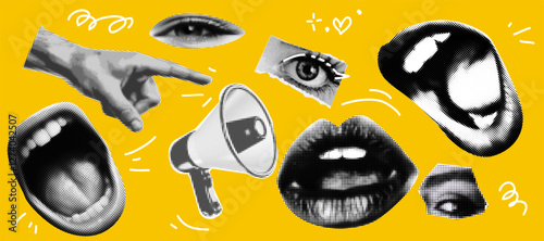 Set of hands gestures at the popart style and halftone effect on the transparent grid background. Trendy zine dadaizm elements isolated as a png. Vintage white and black retro collection