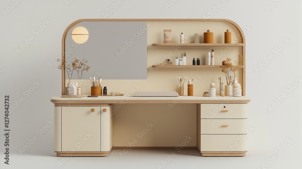 Beige vanity with mirror and shelves in modern minimalist style. Possible use Interior design concept, product showcase Beige vanity with mirror and shelves in modern minimalist style. Possible use Interior design concept, product showcase