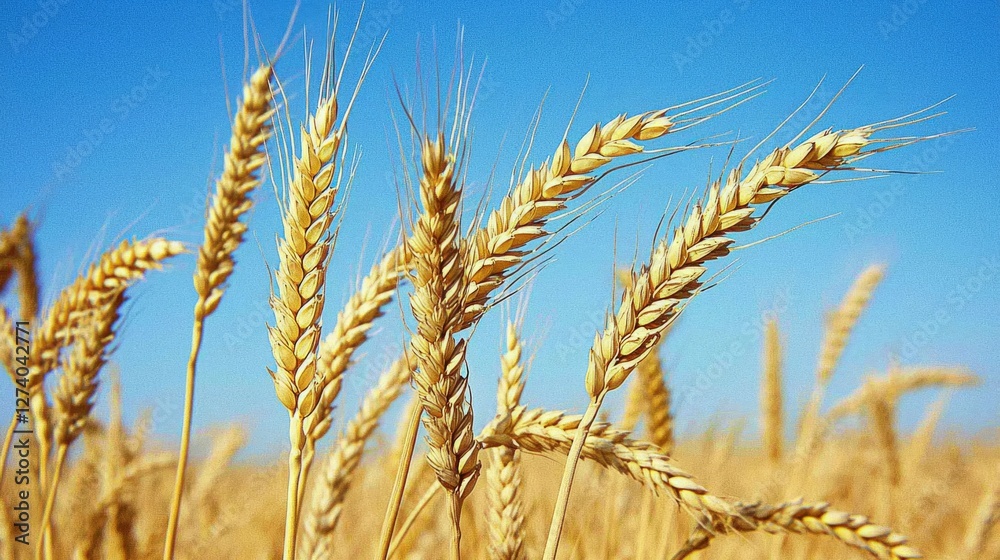 Golden Wheat Field Under Clear Blue Sky in Sunny Day Golden Wheat Field Under Clear Blue Sky in Sunny Day