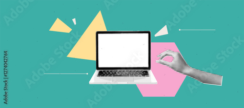 Retro futuristic laptop collage with geometric shapes in halftone style for creative design