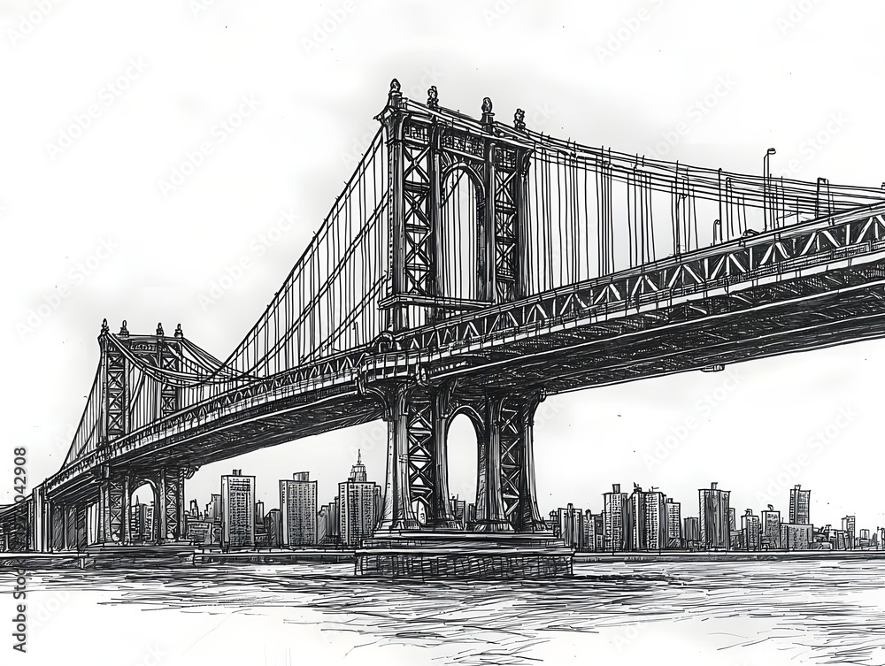 Obraz premium Iconic Bridge Silhouette Against Cityscape Skyline in Minimalist Line Drawing